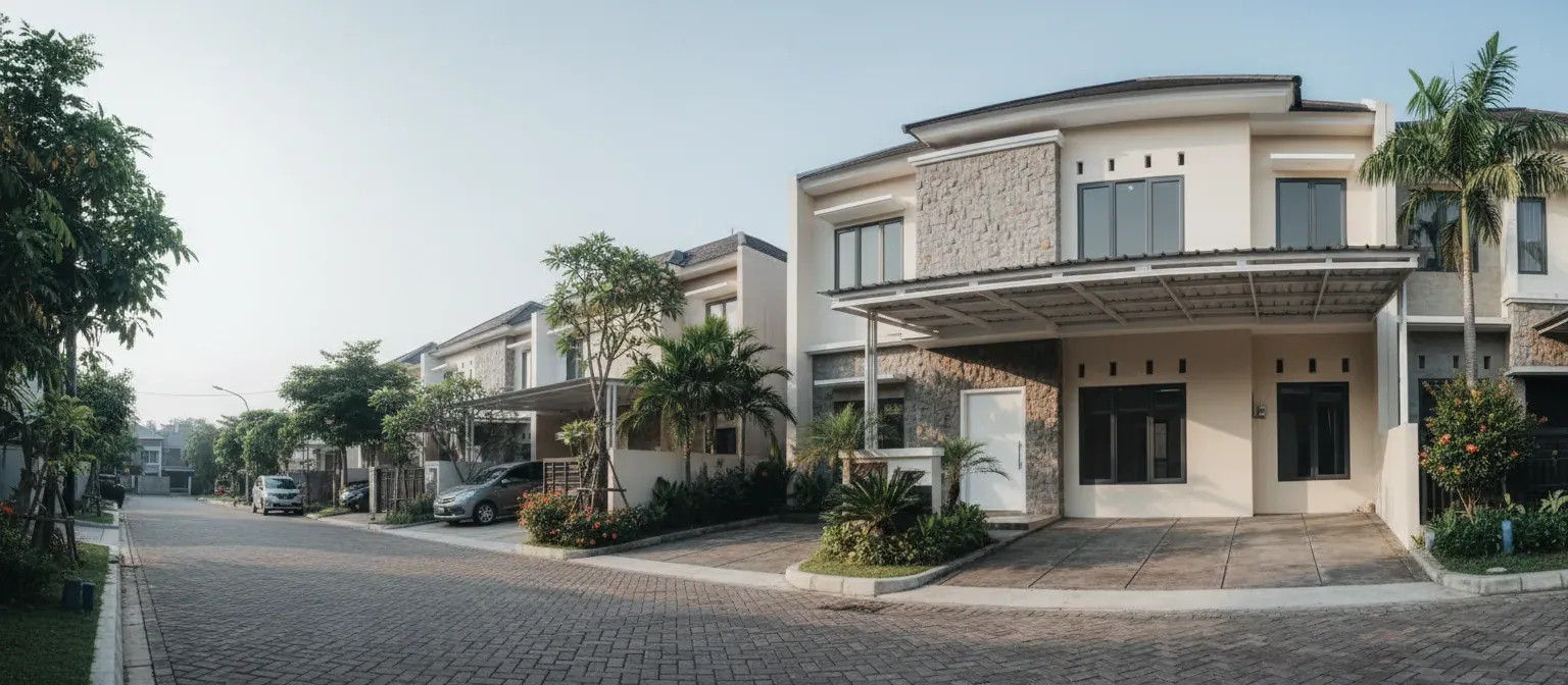 Rumah tinggal dua lantai yang sudah selesai dibangun di jalan perumahan Bekasi