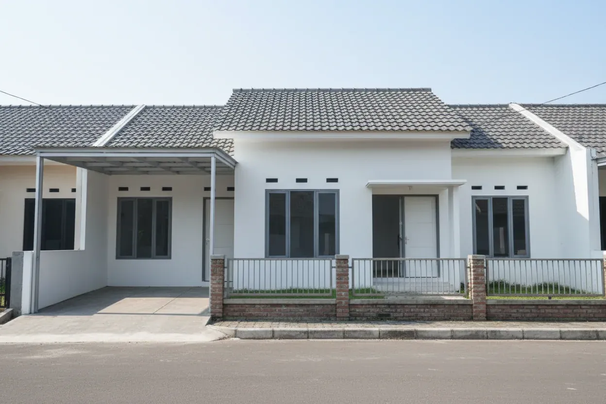 Tampak depan rumah satu lantai berdinding putih dengan carport dan pagar rendah di Tambun Selatan