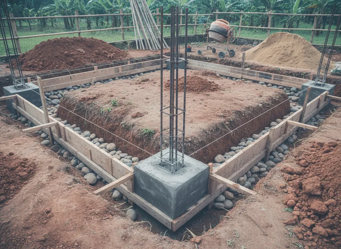 Galian dan footplat beton bertulang pada tahap pondasi