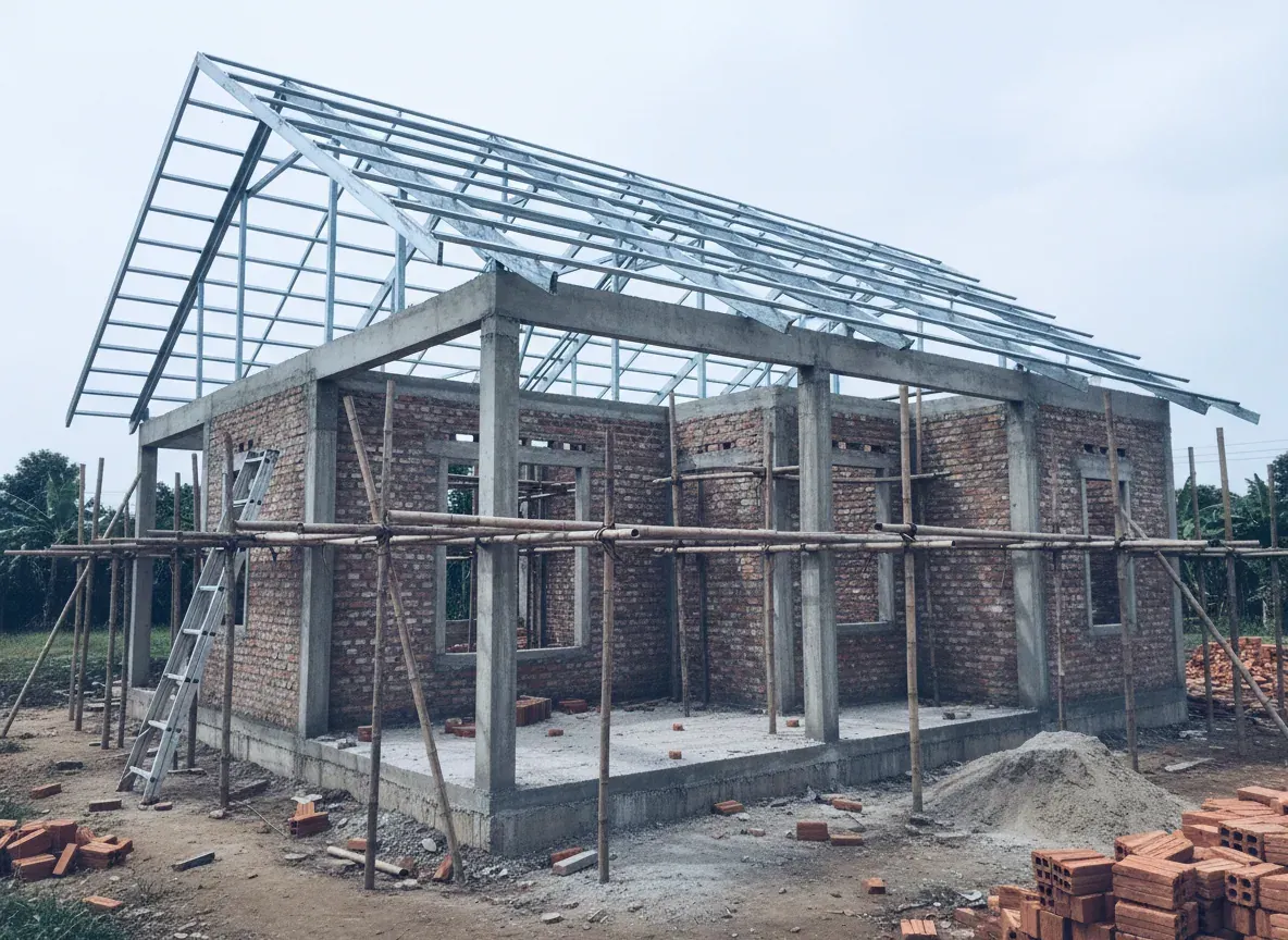 Kolom beton dan rangka baja ringan sudah terpasang