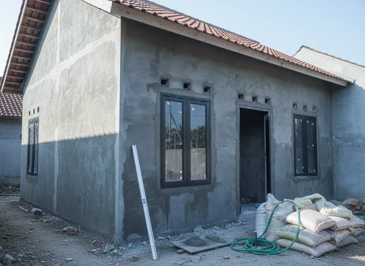 Dinding bata merah sudah diplester dan kusen aluminium terpasang