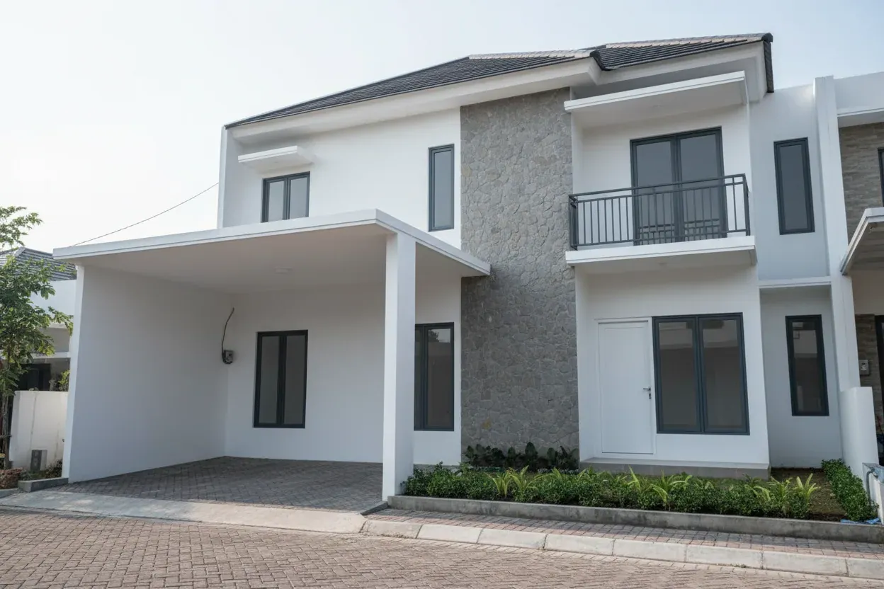 Tampak depan rumah dua lantai dengan dinding putih, aksen batu alam, dan carport dua mobil di Jatiasih