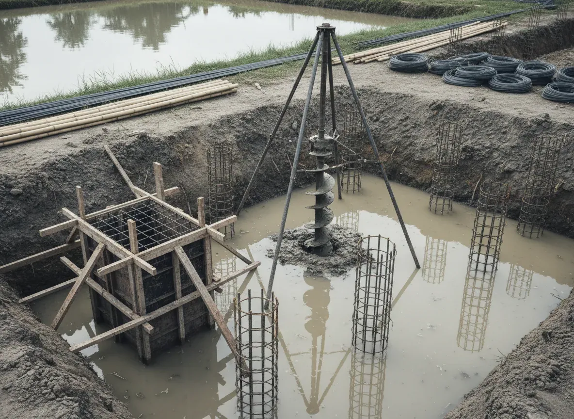 Pengeboran strauss pile dan pembesian pile cap