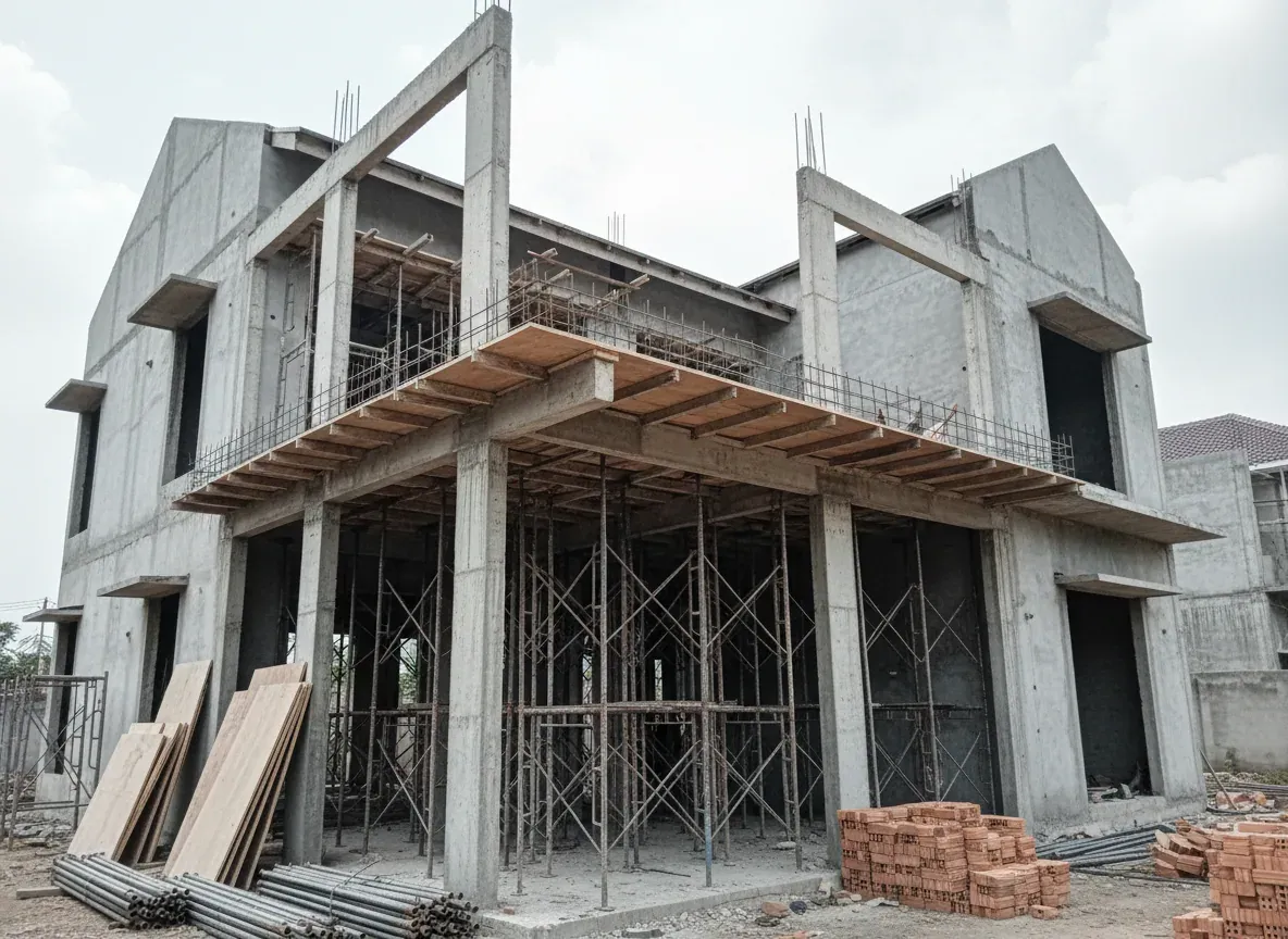 Kolom dan pelat lantai dua sedang dicor dengan bekisting terpasang