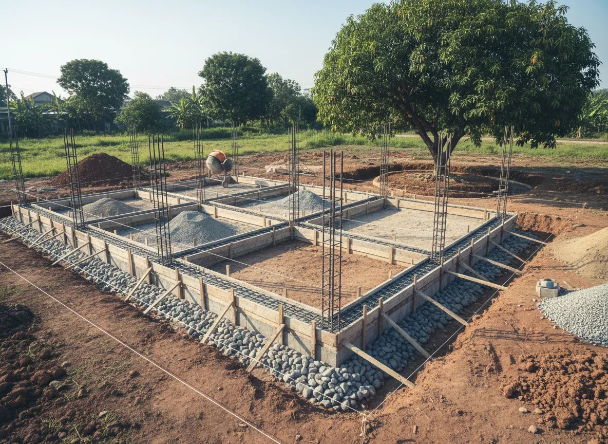 Footplat dan sloof beton bertulang pada lahan hook dengan pohon mangga dipertahankan