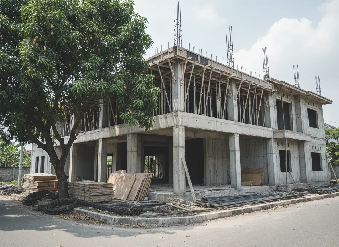 Struktur beton dua lantai berdiri dengan bekisting pelat lantai
