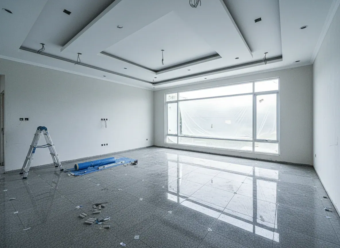 Pekerjaan finishing interior dengan granit dan plafon drop ceiling terpasang