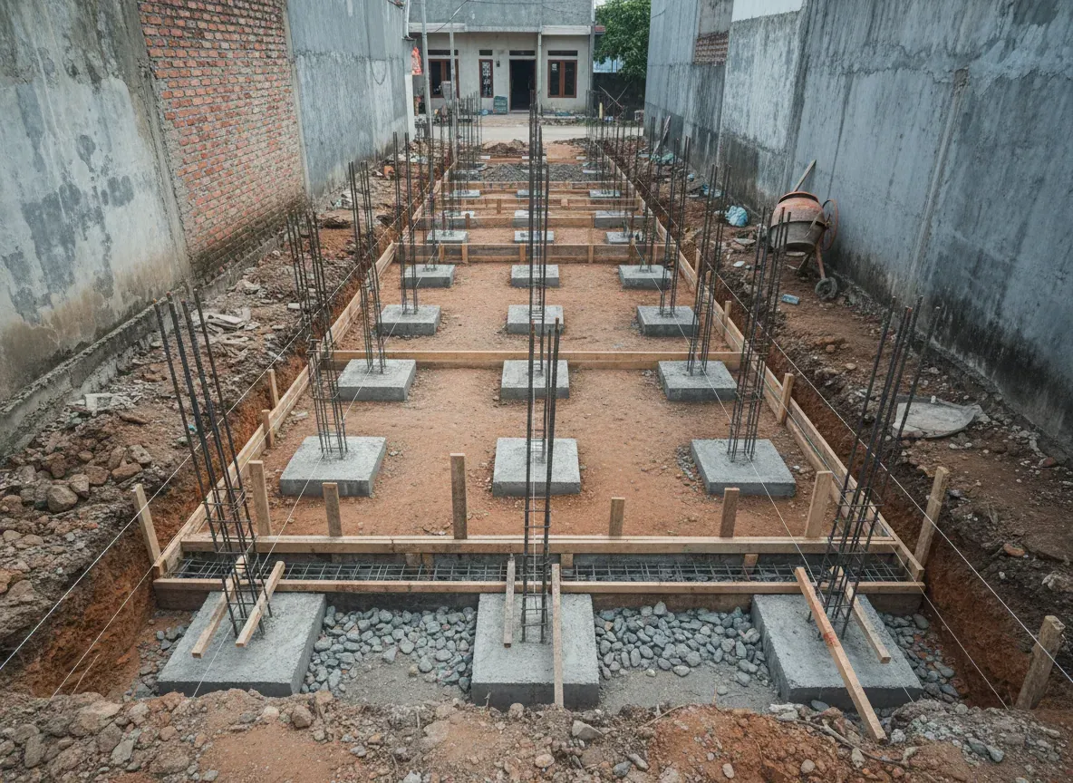 Galian dan pembesian footplat untuk bangunan kost dua lantai