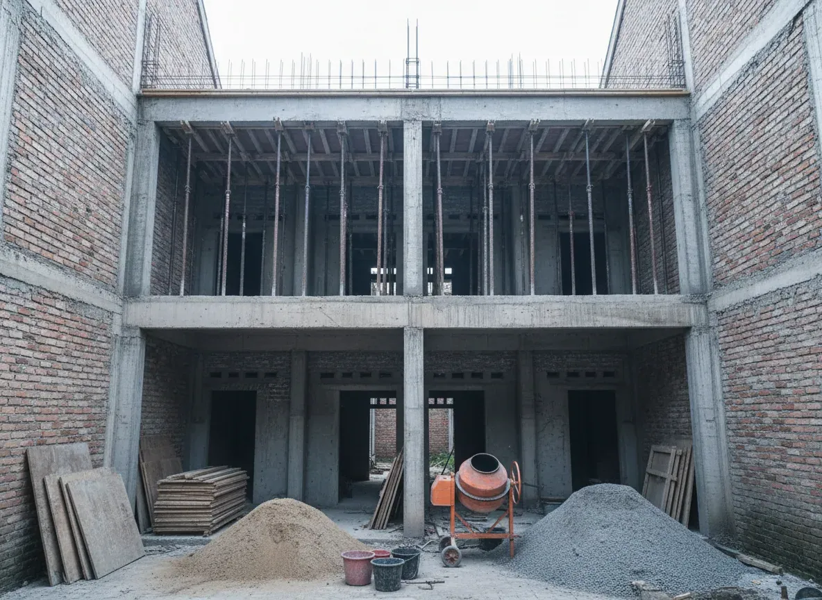 Kolom beton berjajar membentuk modul kamar dan bekisting pelat lantai dua