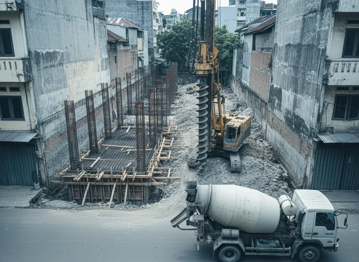Pengeboran bor pile dan pembesian pile cap untuk bangunan tiga lantai