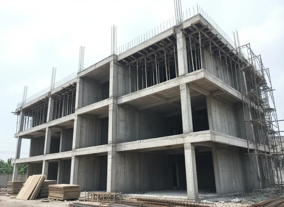 Rangka beton tiga lantai berdiri dengan bekisting dan perancah terpasang