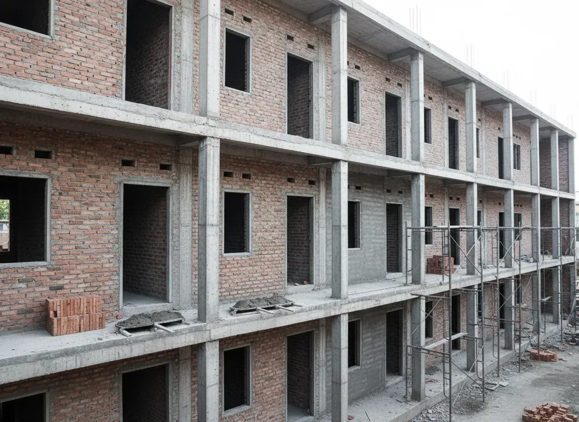 Dinding kamar tiga lantai sudah berdiri dan koridor terbuka terlihat jelas