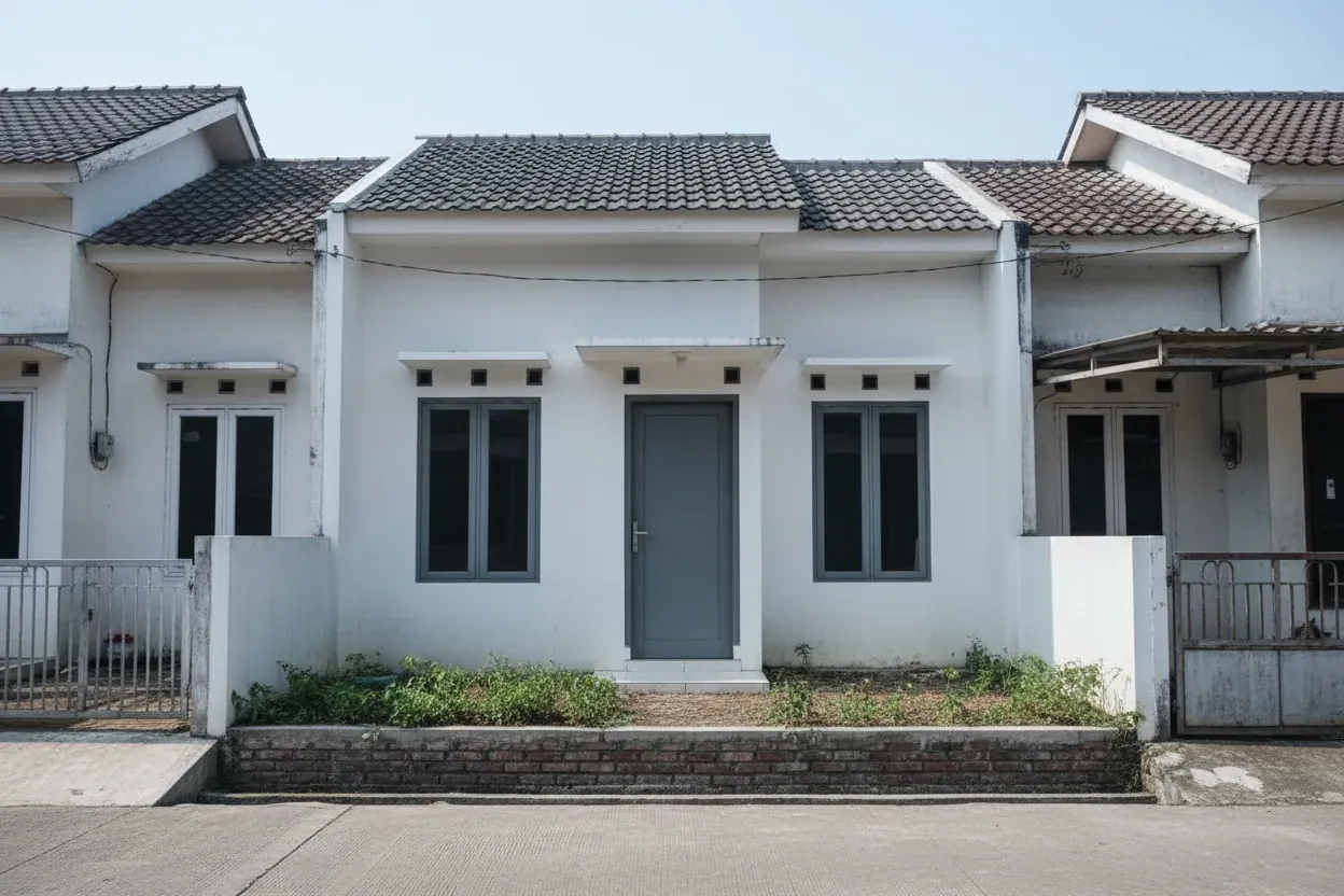 Tampak depan rumah satu lantai berukuran kecil dengan teras dan taman depan sempit di Bojonggede